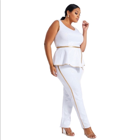 Ashley Stewart Pants - Ashley Stewart White with Gold Piping Pant Set